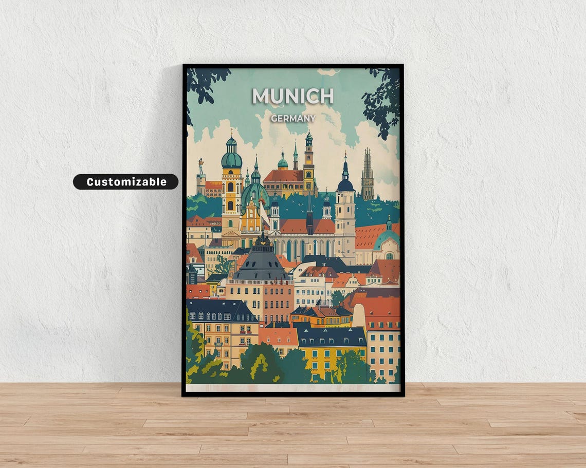 Munich Germany Retro Travel Cityscape Old Town Custom Poster