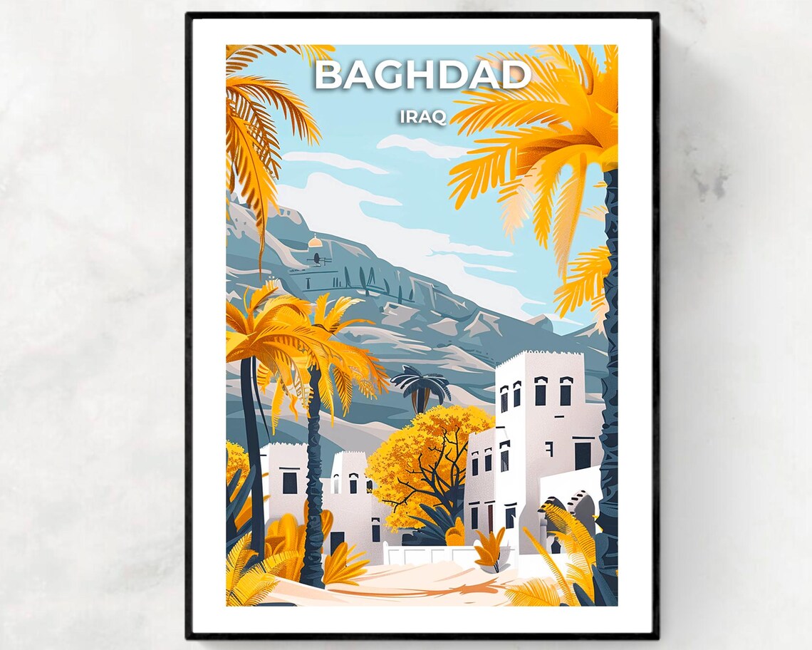 Baghdad Iraq Golden Palms White Houses Mountain View Travel Poster