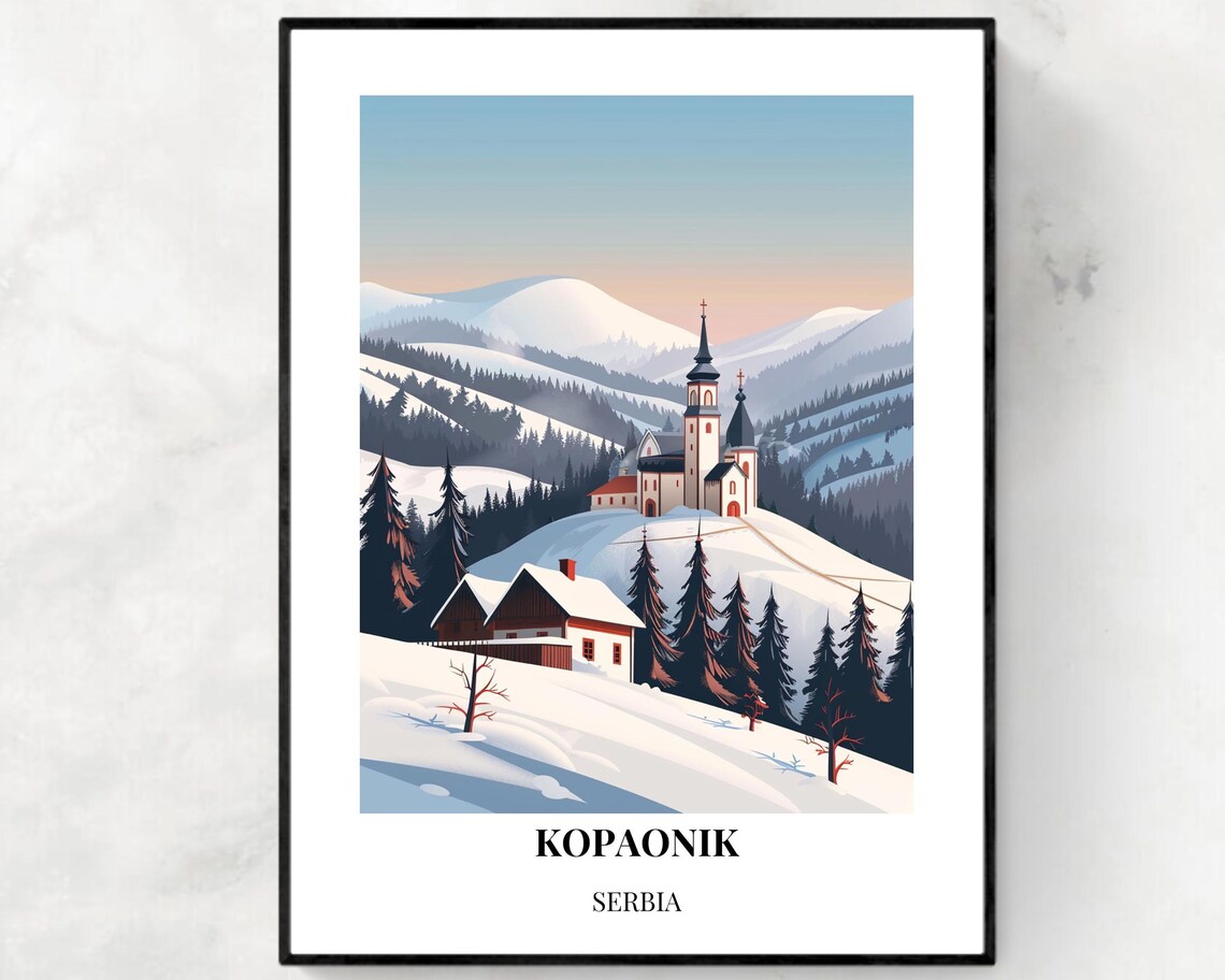 Kopaonik Serbia Snowy Mountain Church Winter Ski Resort Poster