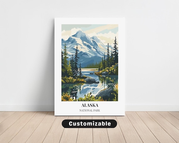 Alaska National Park Snowy Mountain Lake Vintage Style Travel Poster