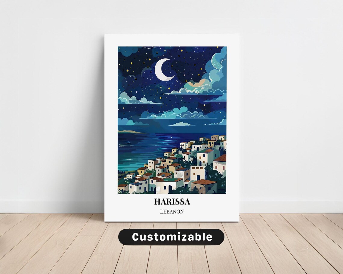 Harissa Lebanon Moonlit Coastal Town Starry Night Travel Poster