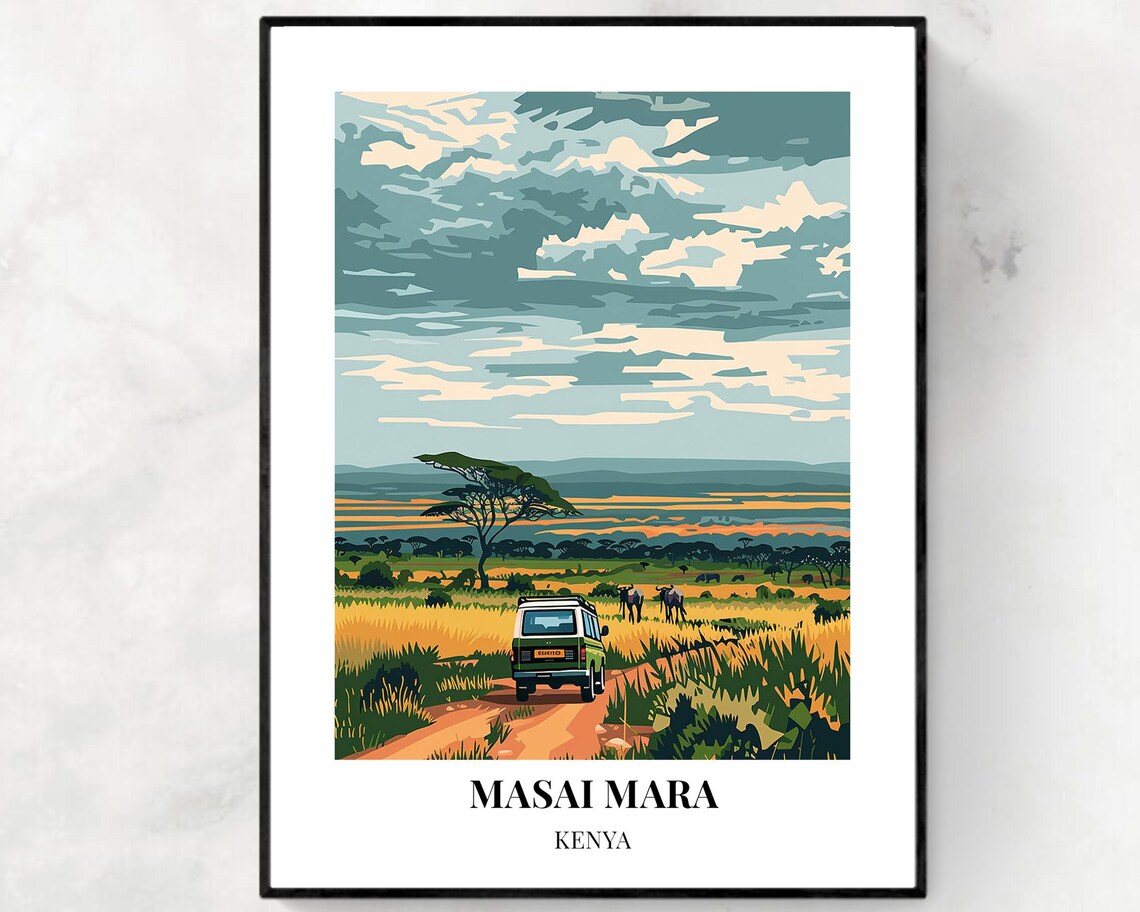 Masai Mara Kenya Safari Vehicle Savanna Trail Wildlife Travel Poster