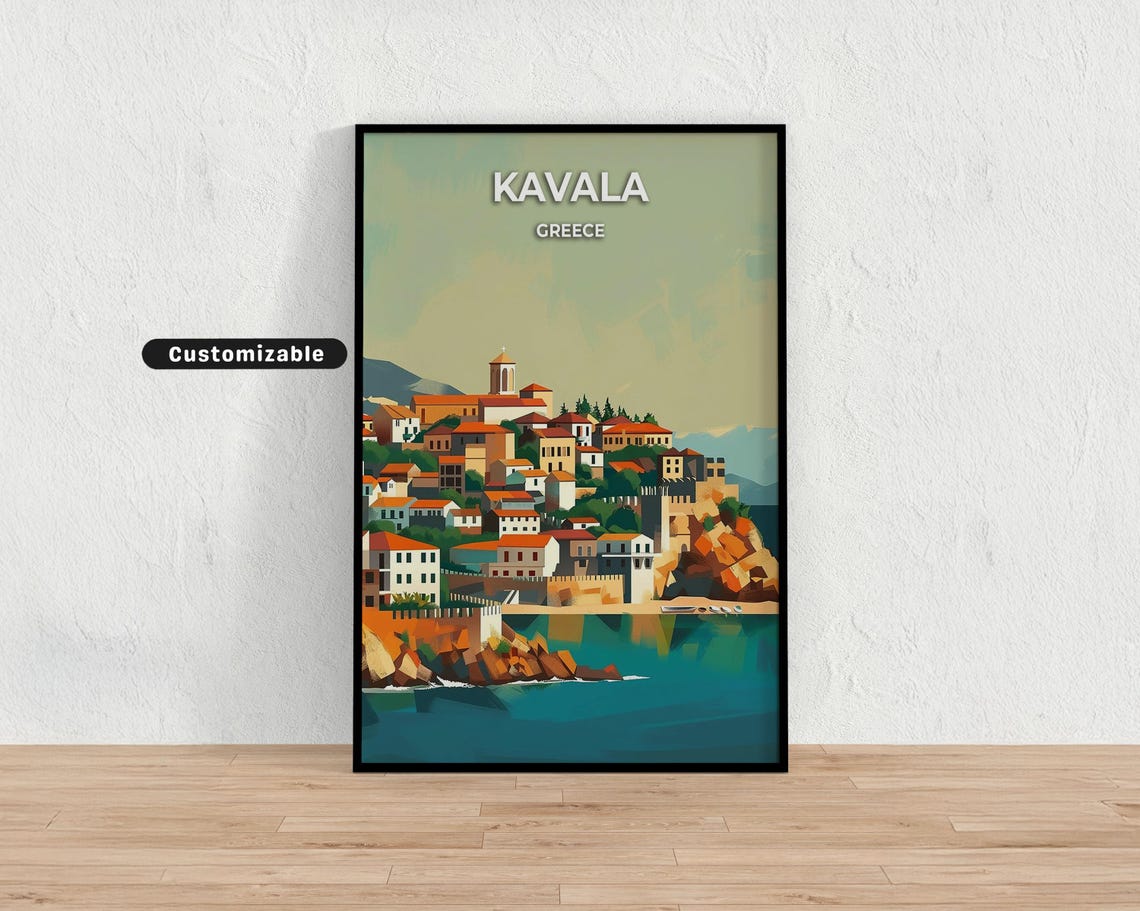 Kavala Greece Coastal Hillside Old Town Retro Travel Wall Print