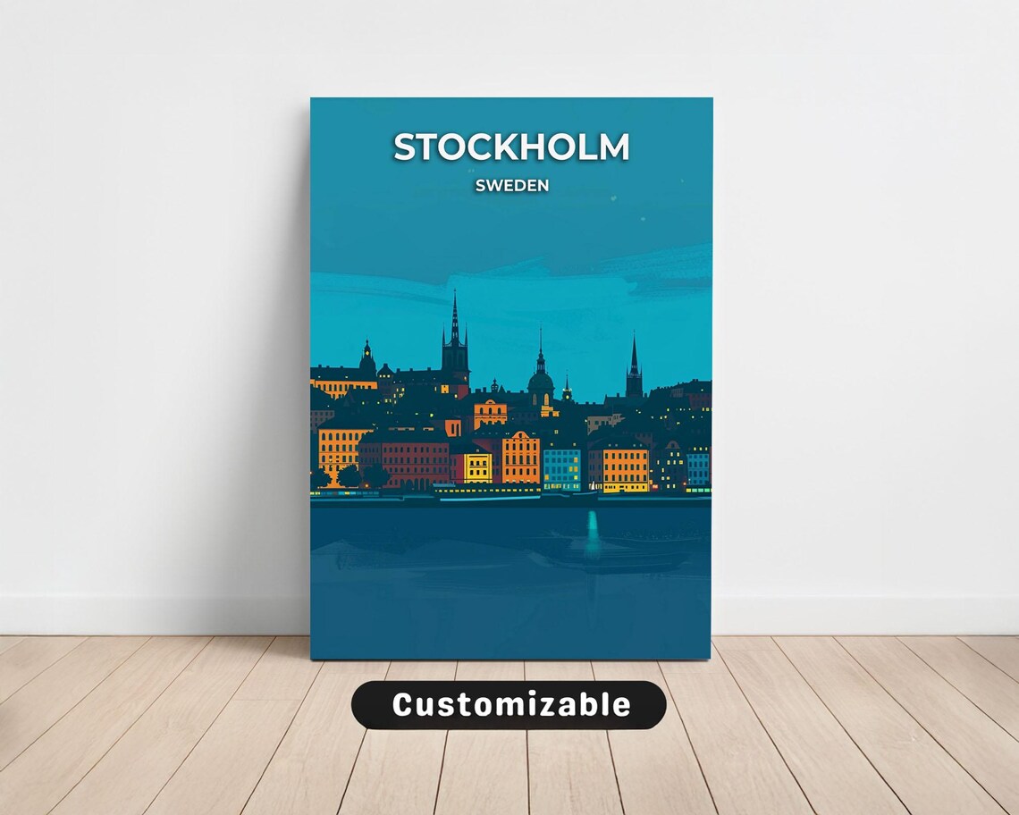 Stockholm Sweden Night Skyline Customizable Travel Art Poster