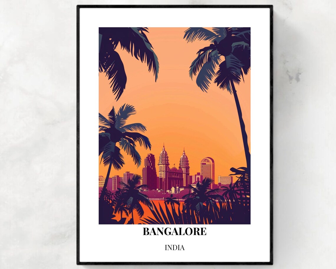 Bangalore Sunset Skyline Silhouette Palm Trees Travel Poster