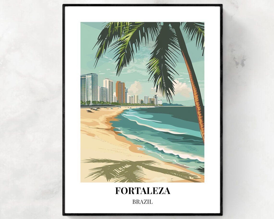 Fortaleza Brazil Beachfront Skyline Teal Hues Vintage Travel Poster