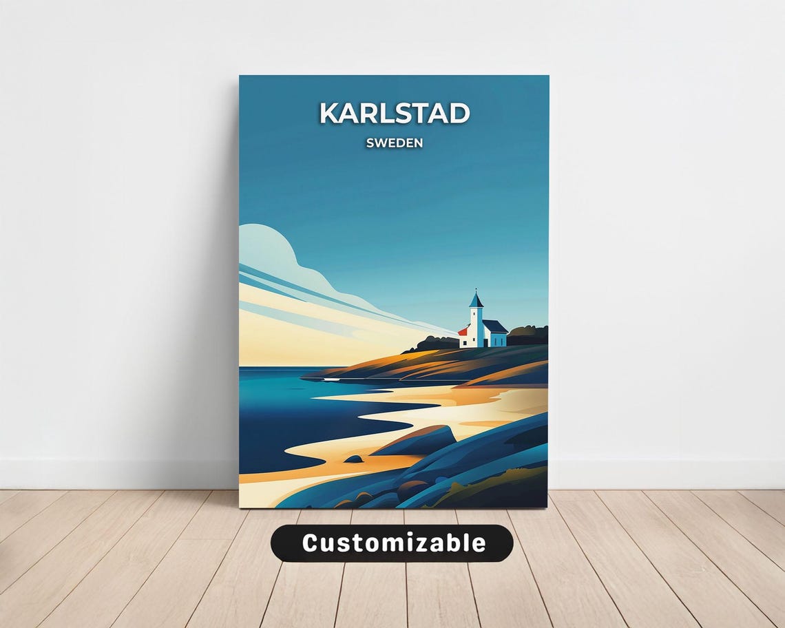 Karlstad Sweden Lighthouse Rocky Coast Sunset Waves Travel Poster