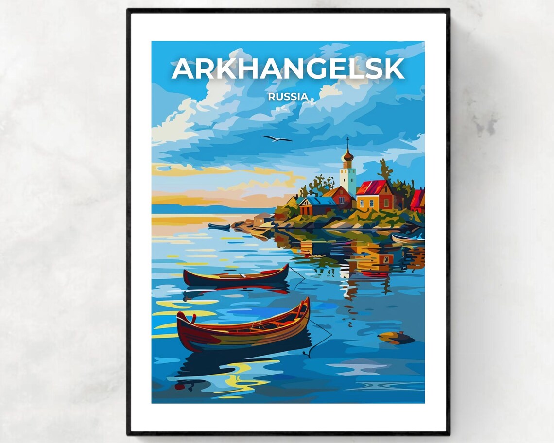 Arkhangelsk Russia Sunrise Harbor Boats And Church Tower Poster