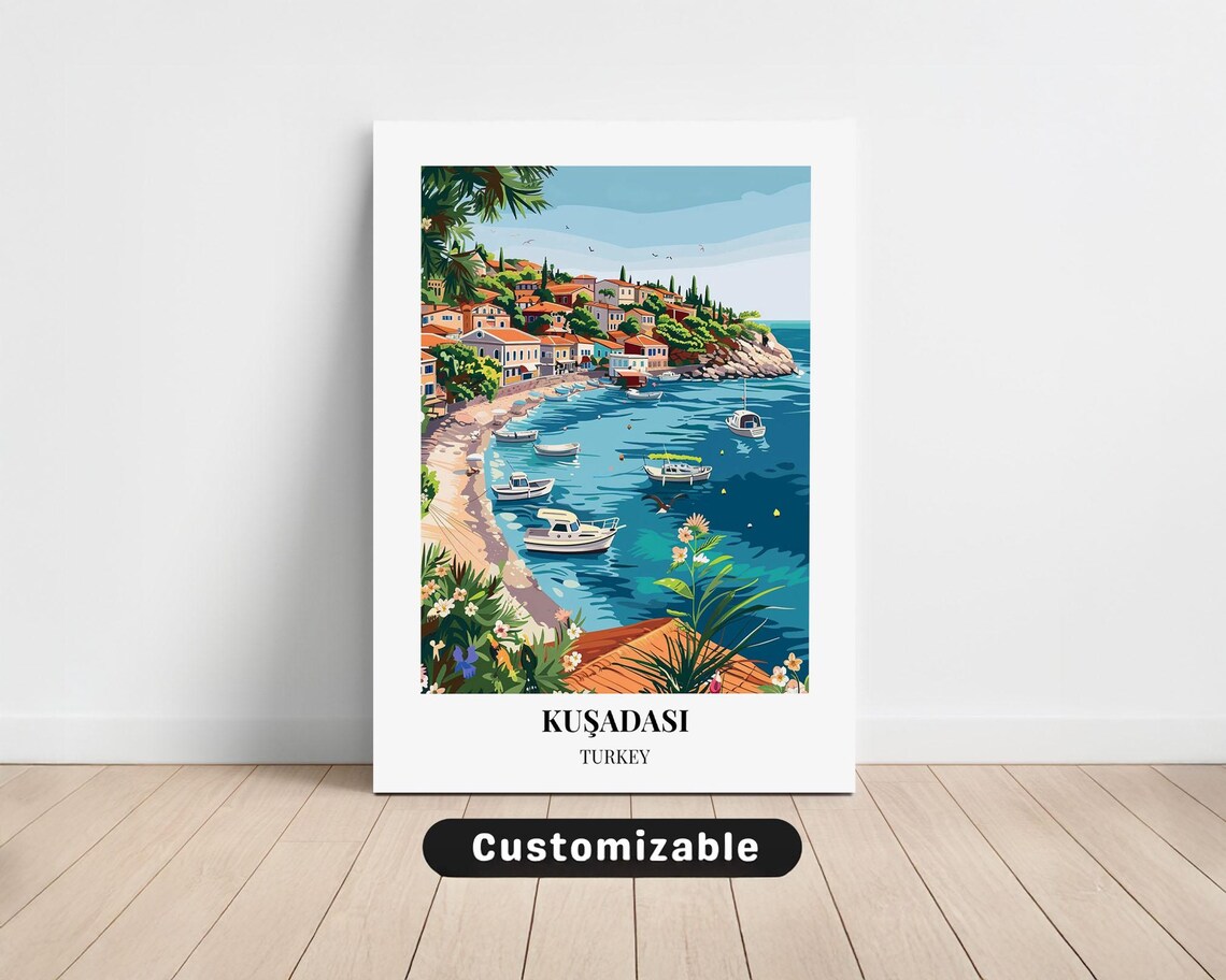 Kusadasi Turkey Aegean Coast Bay Boats Vintage Travel Poster
