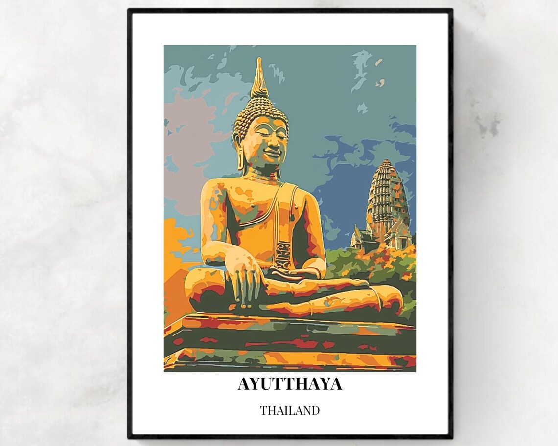 Ayutthaya Thailand Big Buddha Statue Pop Art Vintage Style Poster