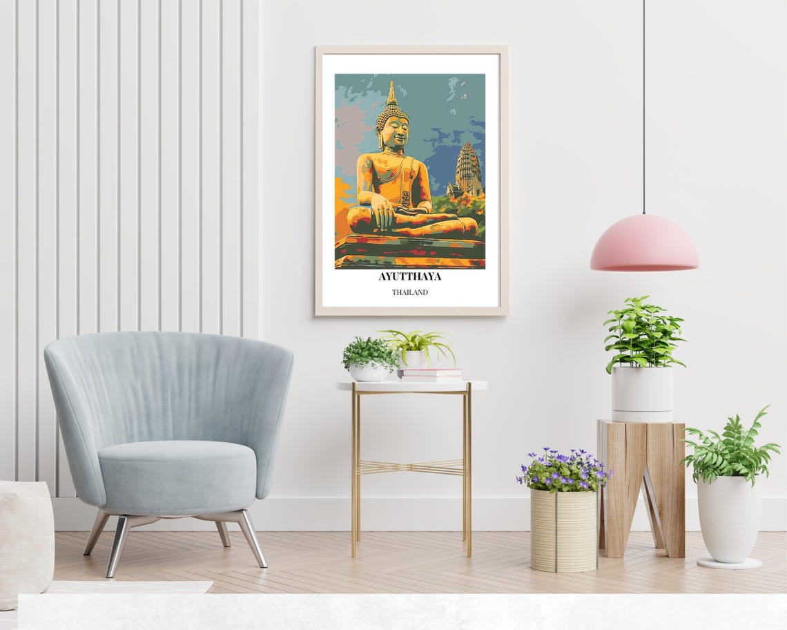 Ayutthaya Thailand Big Buddha Statue Pop Art Vintage Style Poster - Image 2