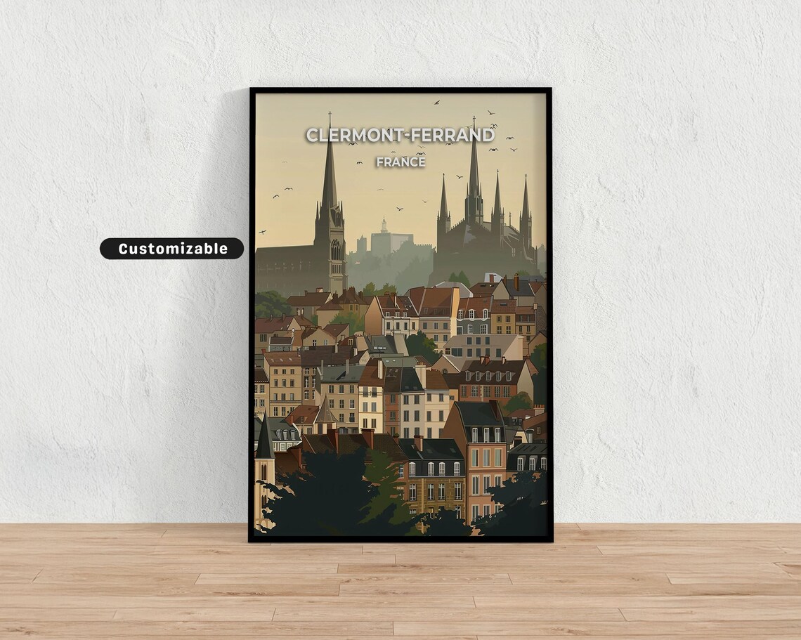 Clermont Ferrand France Cathedral Skyline Dusk Rooftops Travel Poster