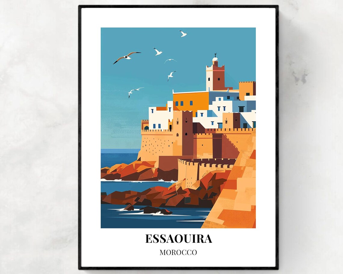 Essaouira Morocco Atlantic Sea Fortress Seagulls Coast Travel Poster