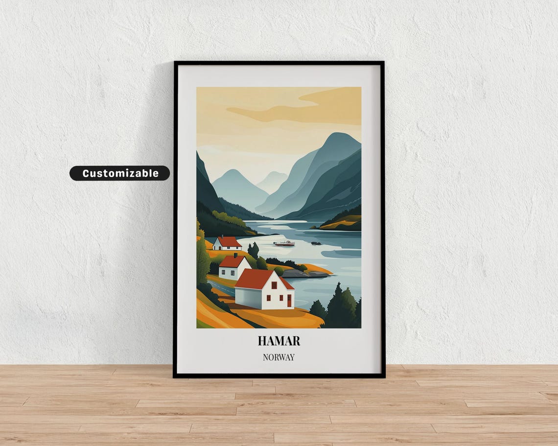 Hamar Norway Fjord Lake Red Cabins Mountain Retreat Travel Poster