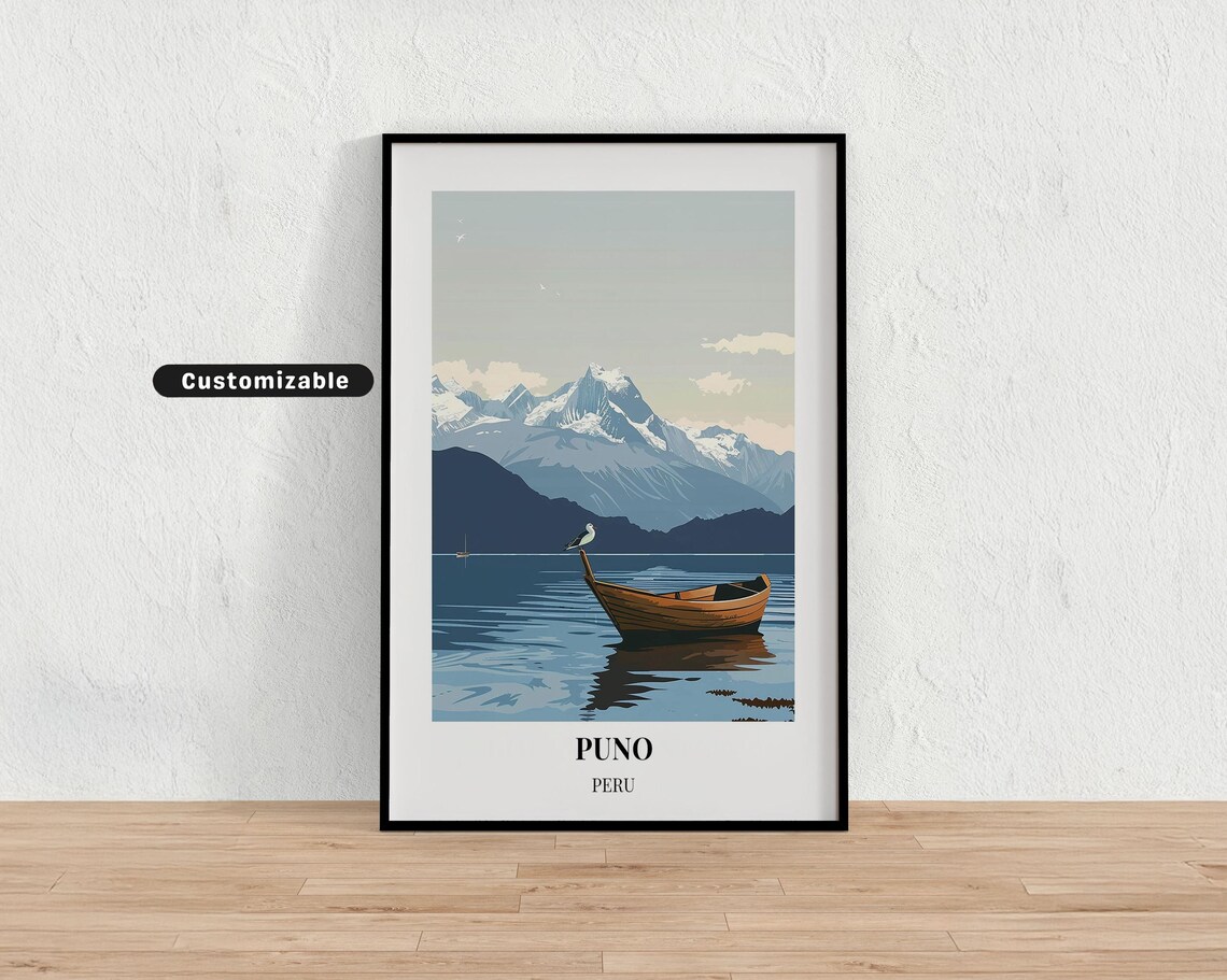Puno Peru Lake Titicaca Wooden Boat Snowy Andes Peaks Custom Travel Poster