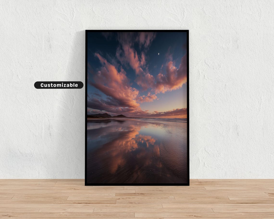 Pink Sunset Clouds Reflected On Wet Sand Beach Dusk Photo Print