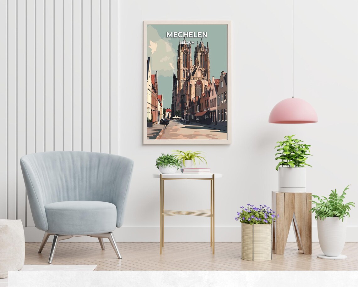 Mechelen Belgium St Rumbolds Cathedral Street View Travel Poster - Image 2
