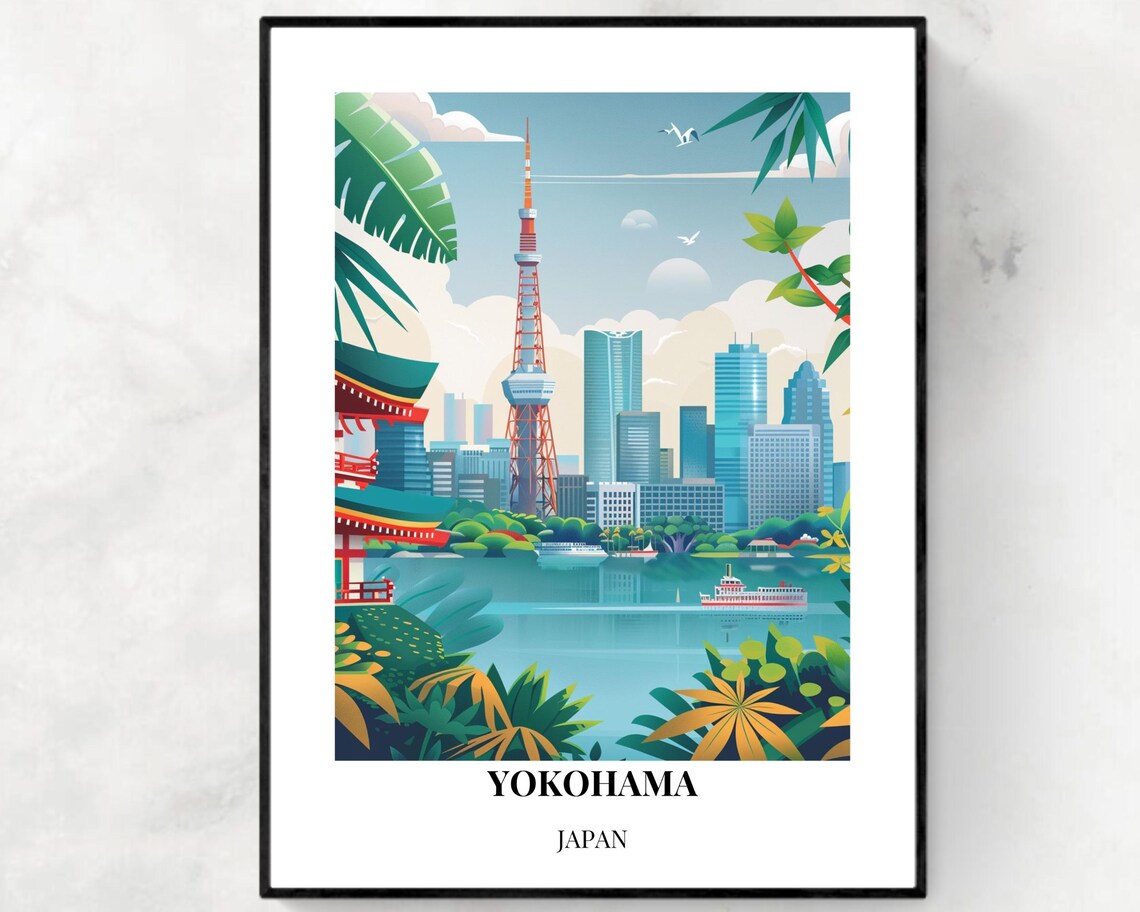 Tropical Yokohama Japan Red Tower Pagoda Harbor Bay Travel Poster