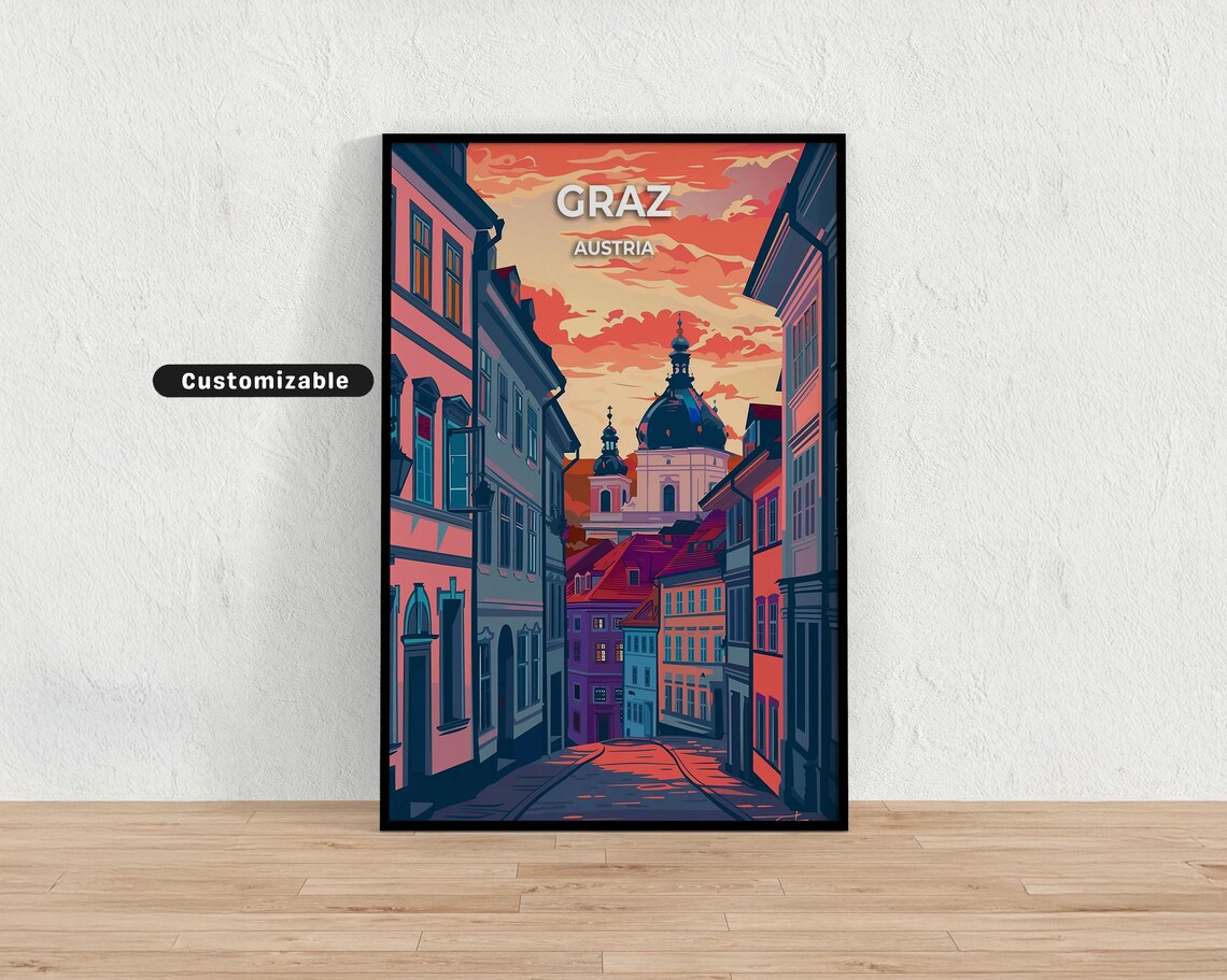 Graz Austria Historic Old Town Sunset Church Domes Travel Poster