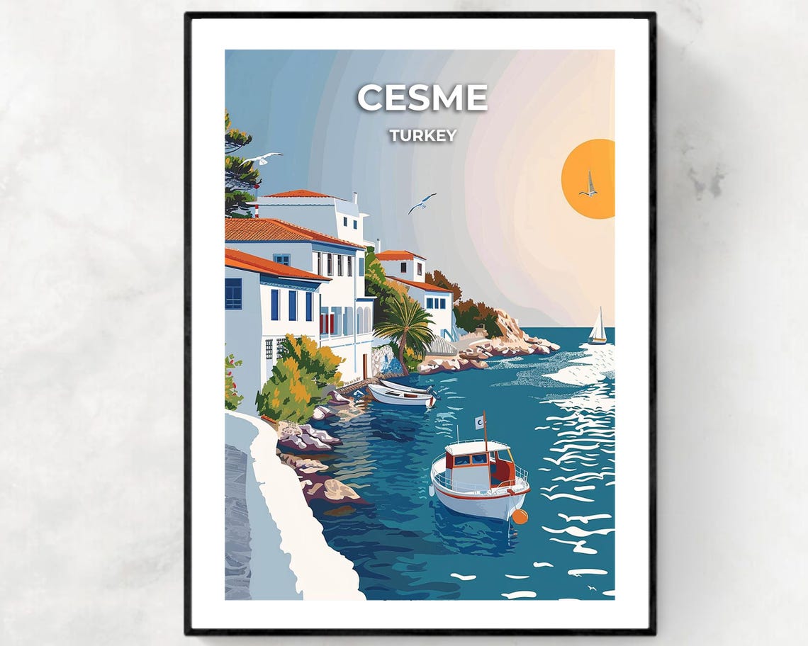 Cesme Turkey Aegean Waterfront Villas Sunset Boats Travel Poster