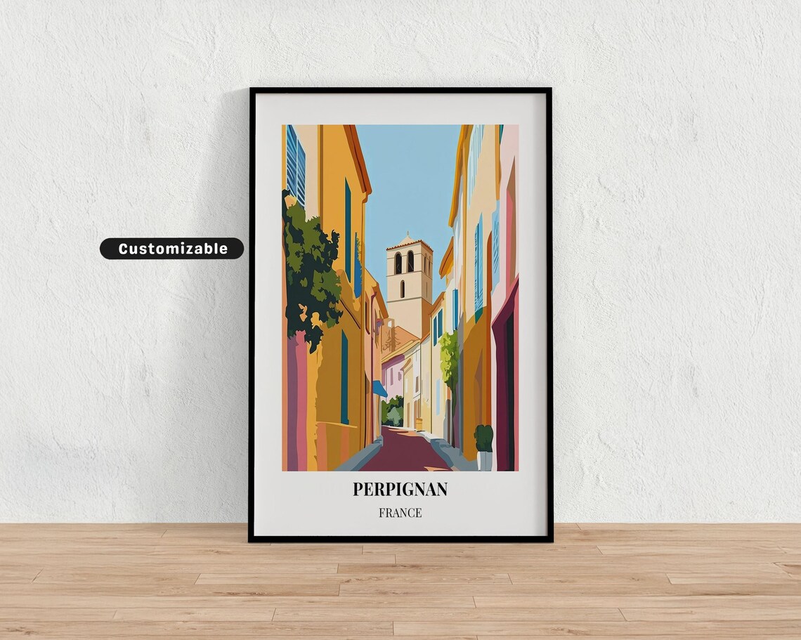 Perpignan France Colorful Old Town Street and Church Tower Poster