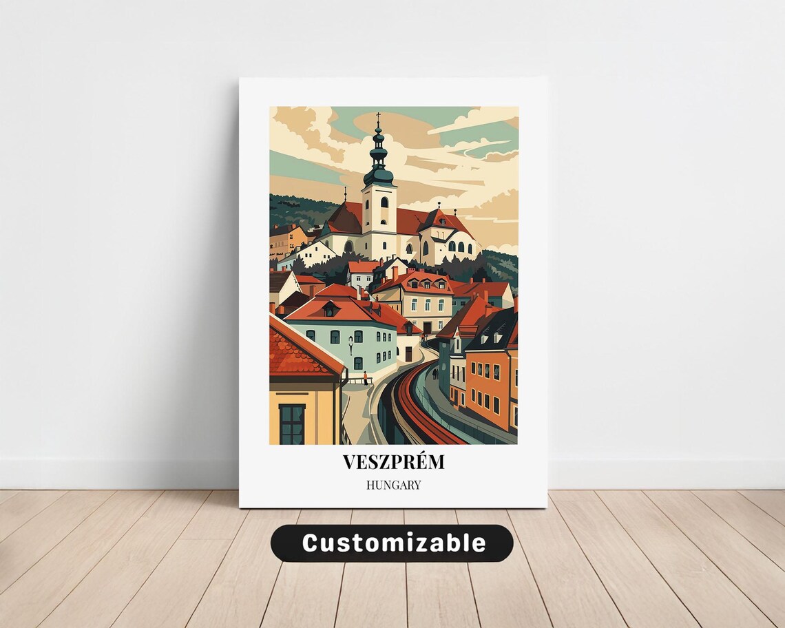 Veszprem Hungary Hilltop Church Red Rooftops Retro Town Travel Poster