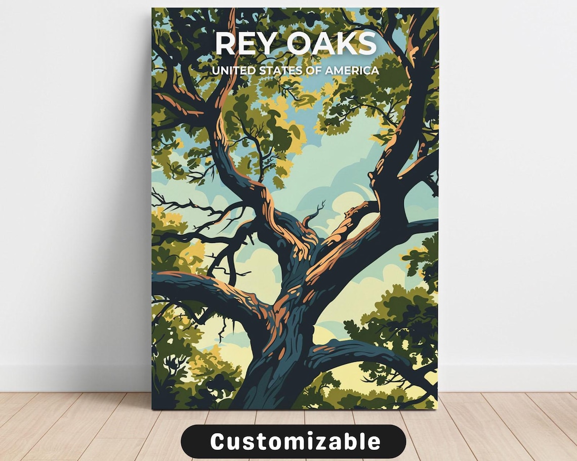 Rey Oaks Majestic Oak Tree Sky Vintage Travel Poster USA Art