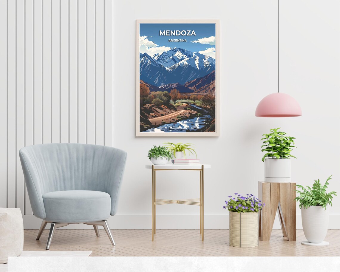 Mendoza Argentina Snowy Andes with River Valley View Travel Poster - Image 2