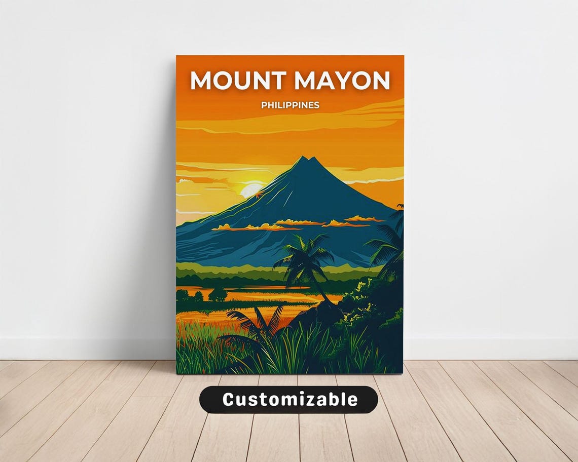 Mount Mayon Philippines Volcano Sunset Retro Travel Art Poster