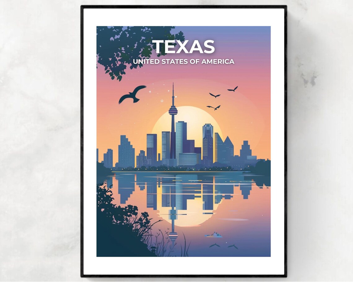 Texas Sunset Skyline Tower River Reflection Top Title Travel Poster
