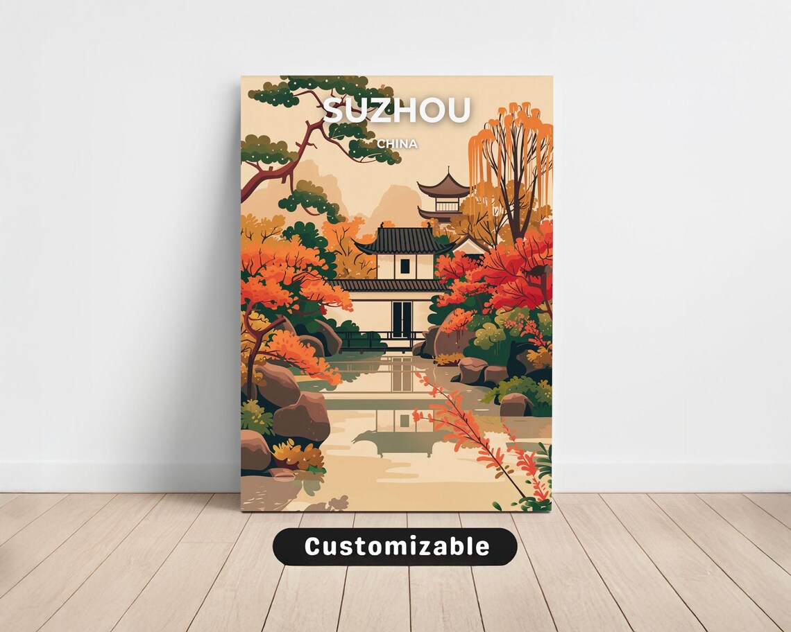 Suzhou China Autumn Pagoda Garden Vintage Travel Souvenir Poster