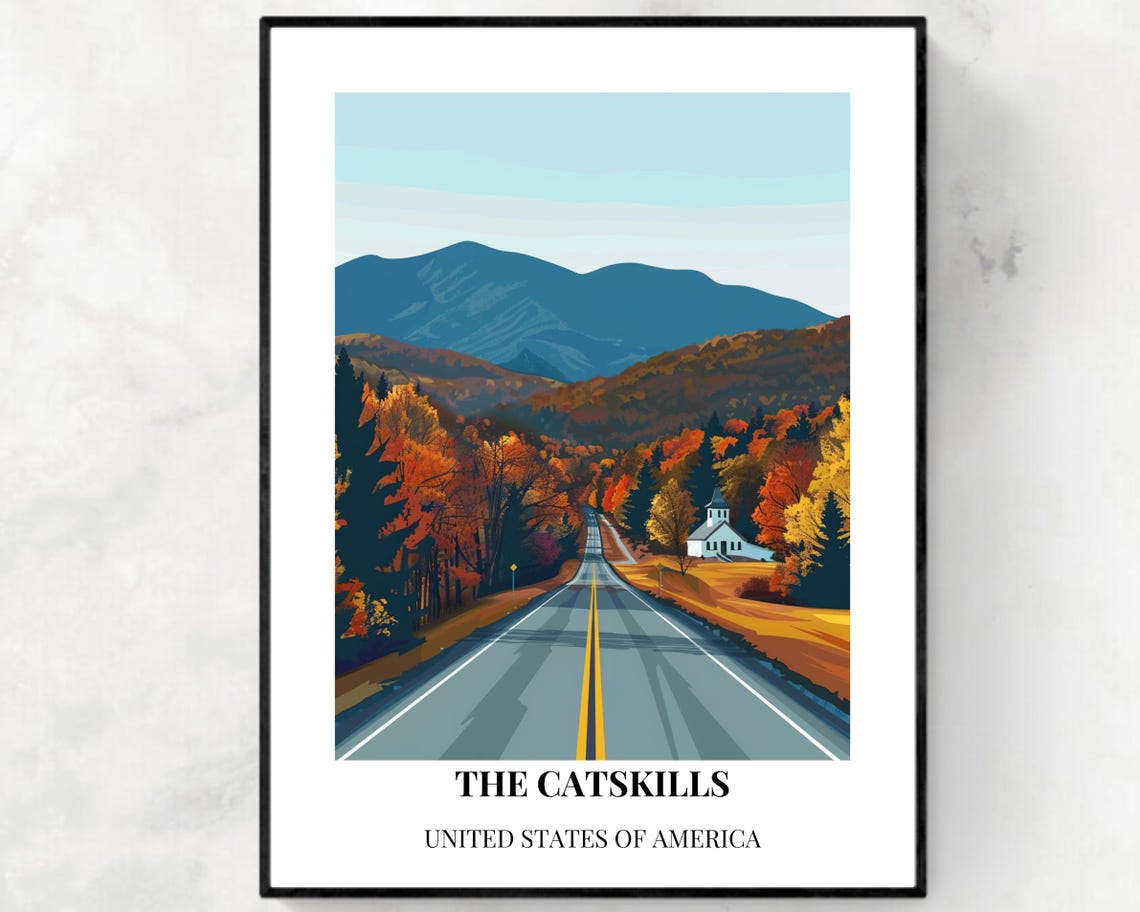 The Catskills Autumn Road Fall Foliage Mountains Poster Caption