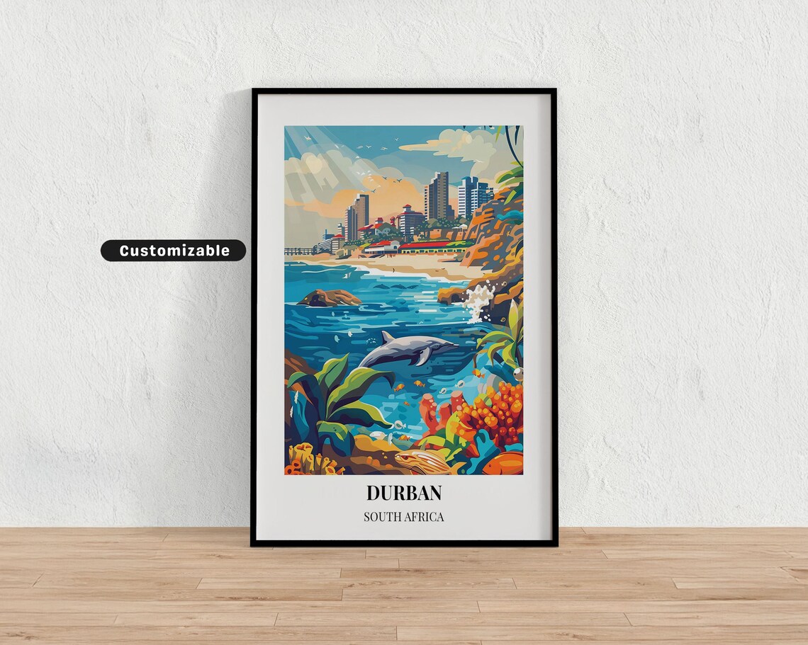 Durban South Africa Travel Poster Dolphin Beach City Skyline Ocean Scene