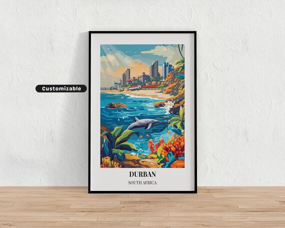 Durban South Africa Travel Poster Dolphin Beach City Skyline Ocean Scene