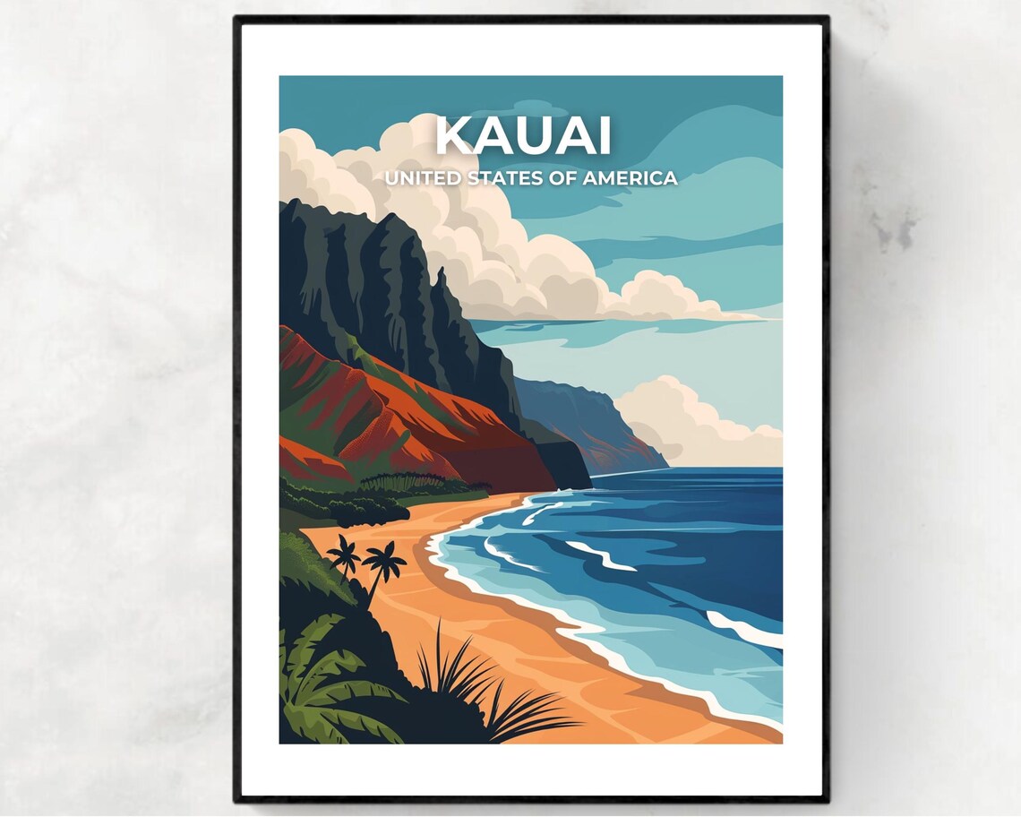 Kauai Hawaii Na Pali Coast Beach Vintage Travel Poster Ocean View