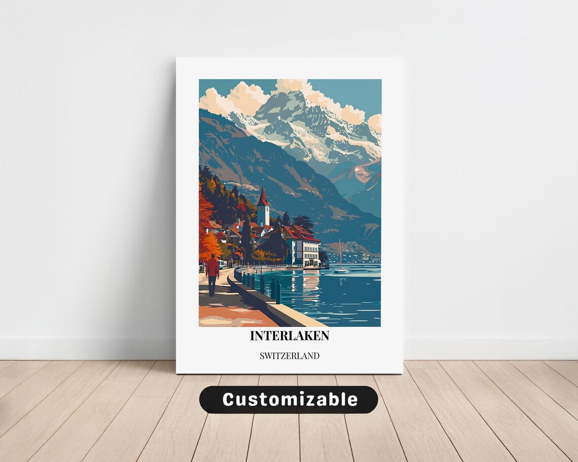 Interlaken Switzerland Travel Alpine Lake Mountain Village Art Print