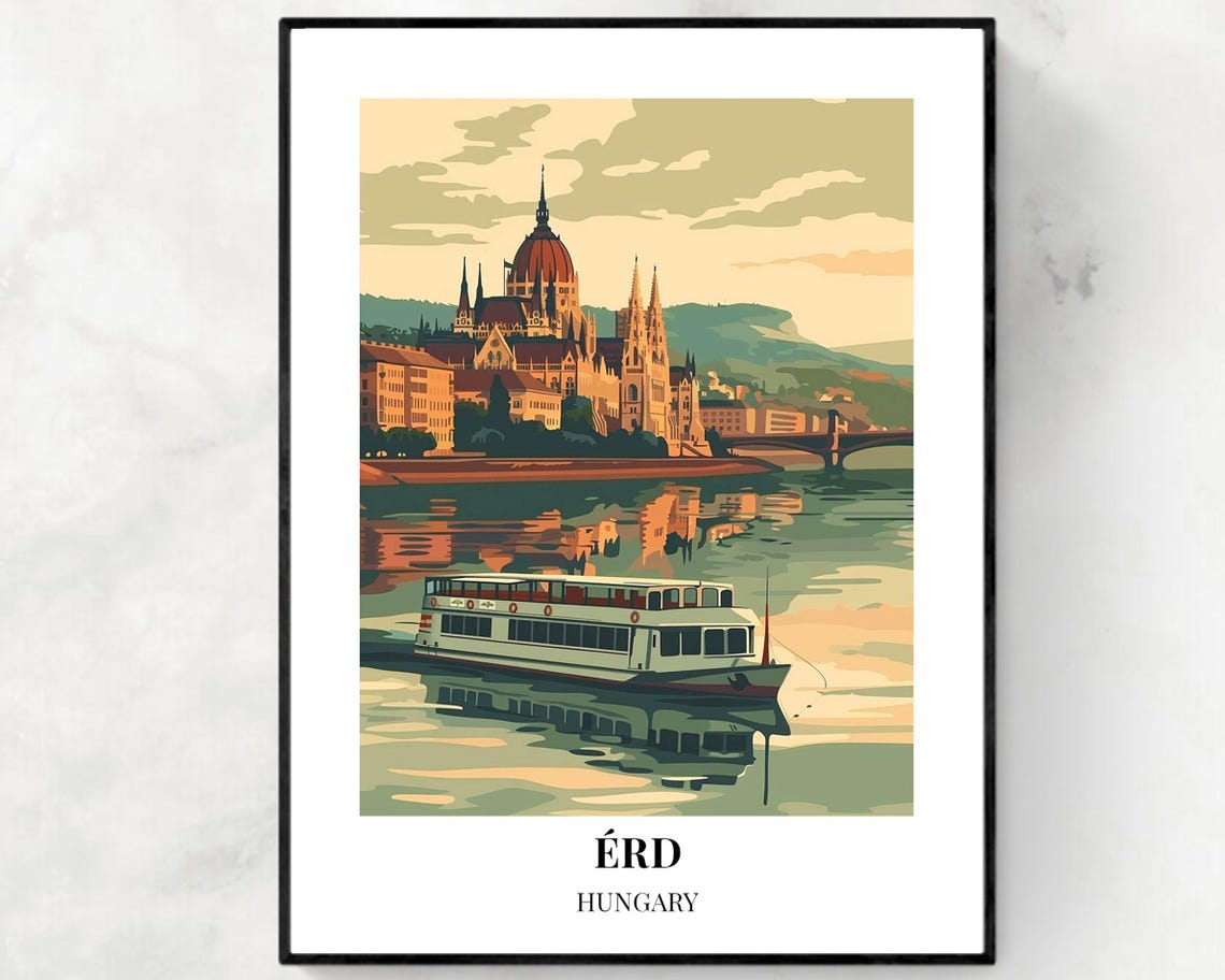 Érd Hungary Riverside Domed Landmark Riverboat Pastel Art Poster