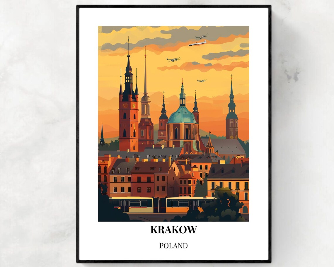 Krakow Poland Historic Old Town Towers Sunset Skyline Travel Poster