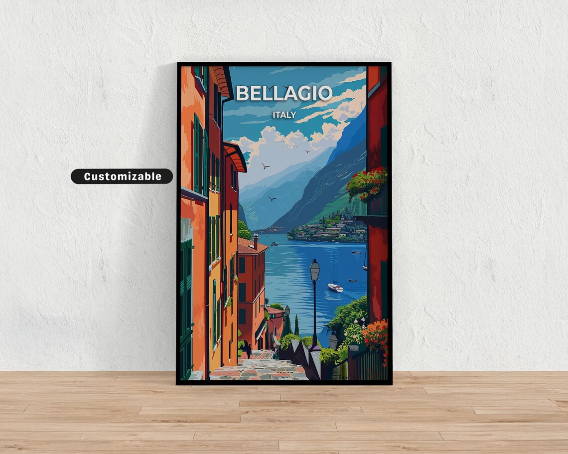 Bellagio Italy Lake Como Alleyway Stairs Vintage Travel Poster