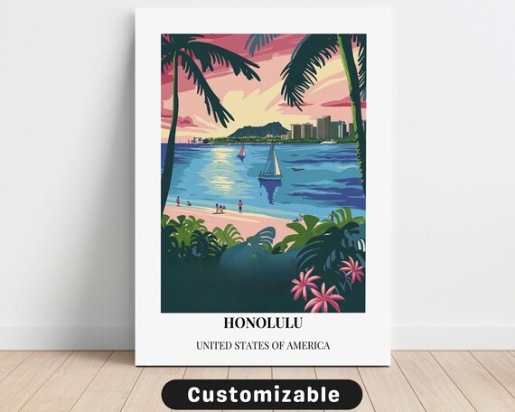 Honolulu Hawaii Retro Travel Poster Palm Beach Sailboat Tropical Style Decor