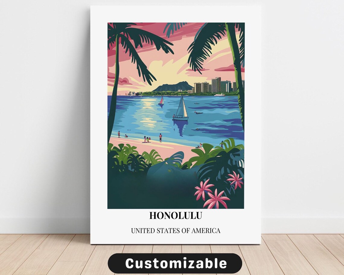 Honolulu Hawaii Retro Travel Poster Palm Beach Sailboat Tropical Style Decor