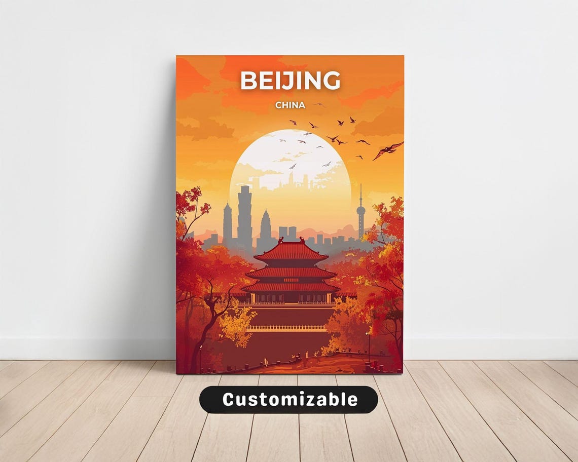 Beijing China Traditional Temple Sunset Skyline Travel Decor Poster