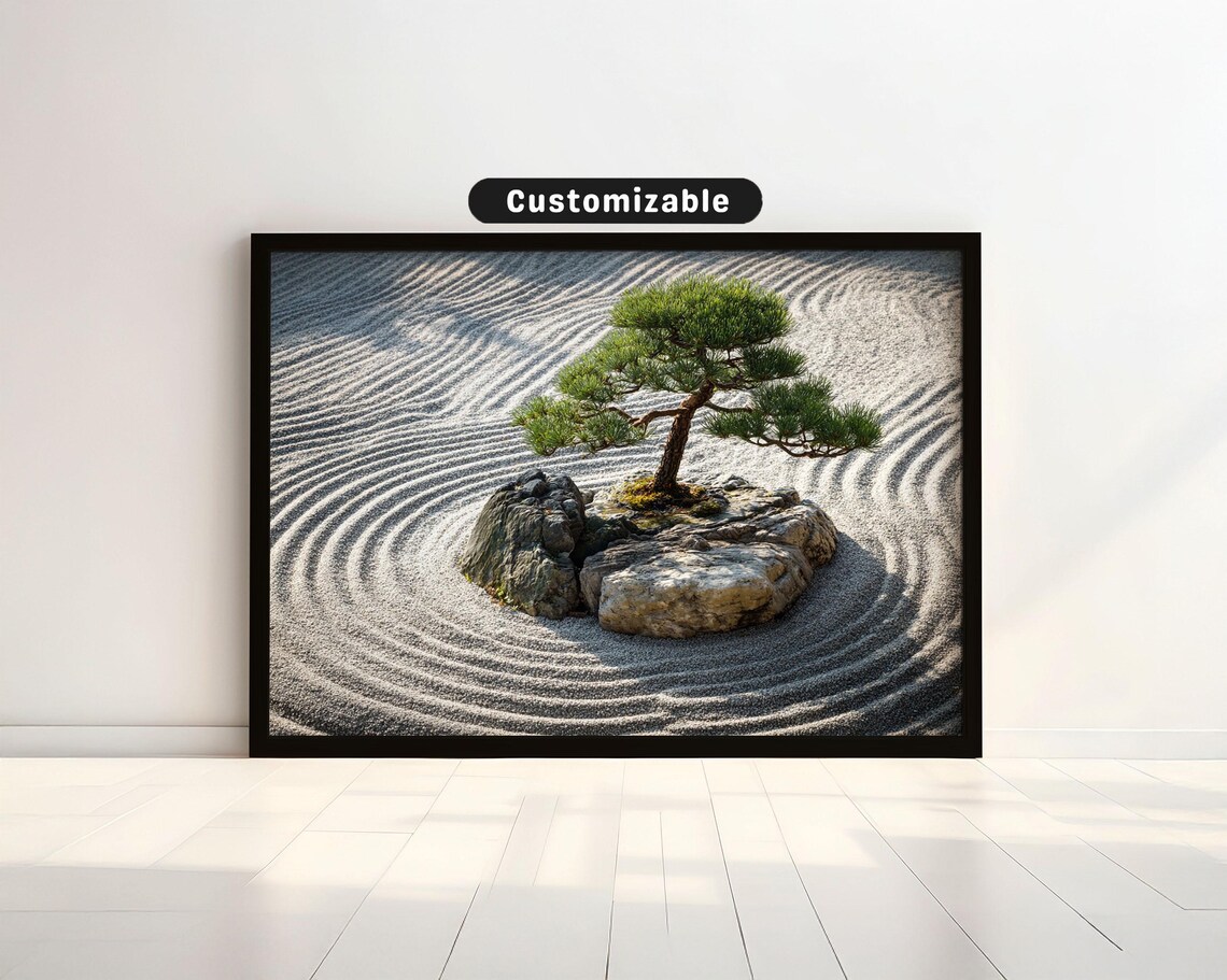 Zen Rock Garden Raked Sand Single Pine Tree Japan Photo Art Print