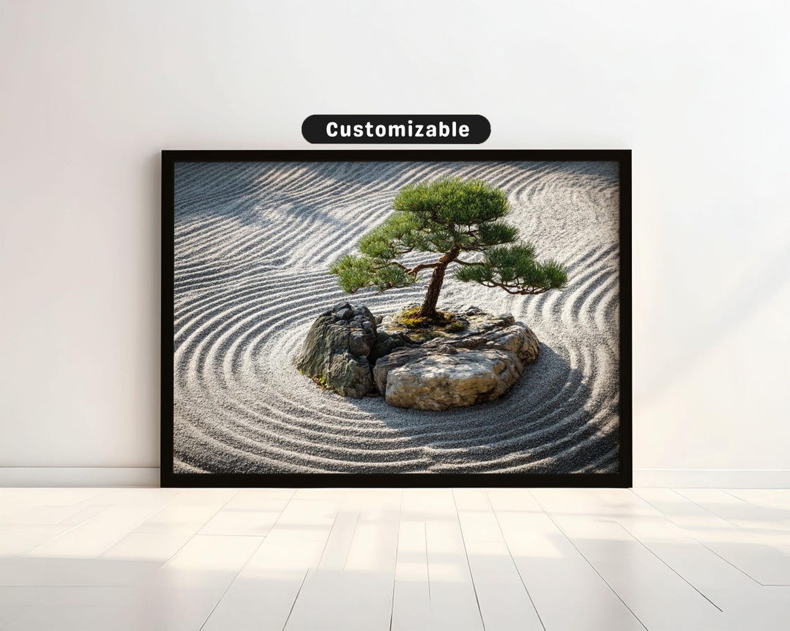 Zen Rock Garden With Raked Patterns And Single Pine Tree Japanese Wall Art Print Asian Decor