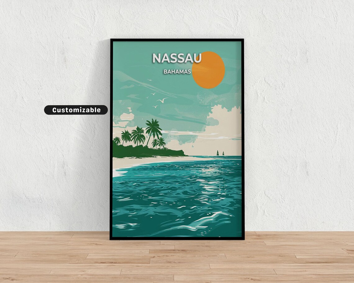 Nassau Bahamas Orange Sun Palm Beach Turquoise Sea Travel Poster