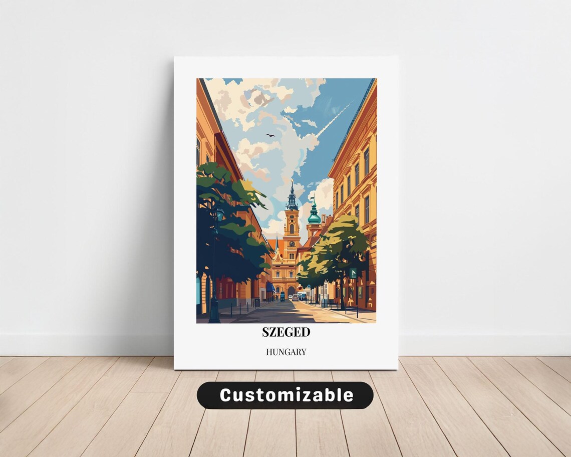 Szeged Hungary Cathedral Old Town Street Vintage Style Travel Poster