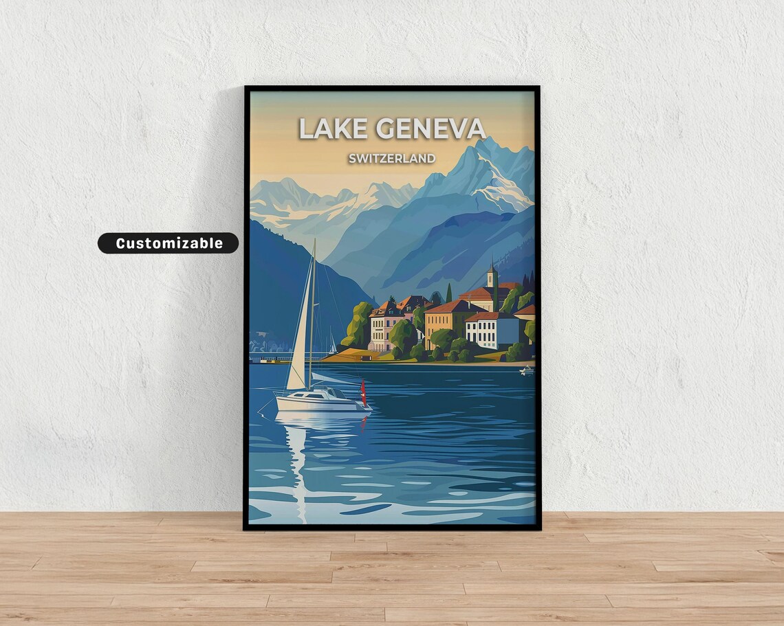 Lake Geneva Switzerland Sailboat Village Mountains Travel Poster