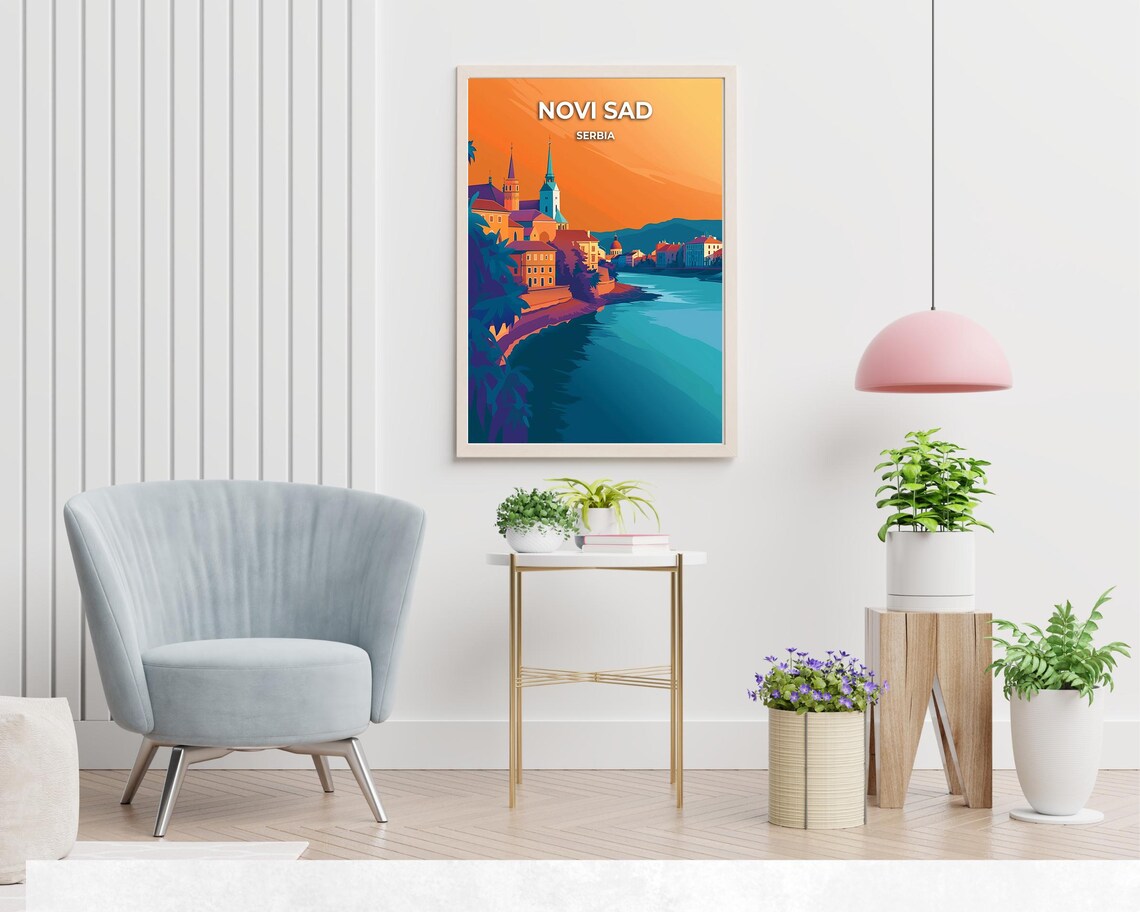 Novi Sad Serbia Sunset River Skyline Retro Travel Art Poster - Image 2