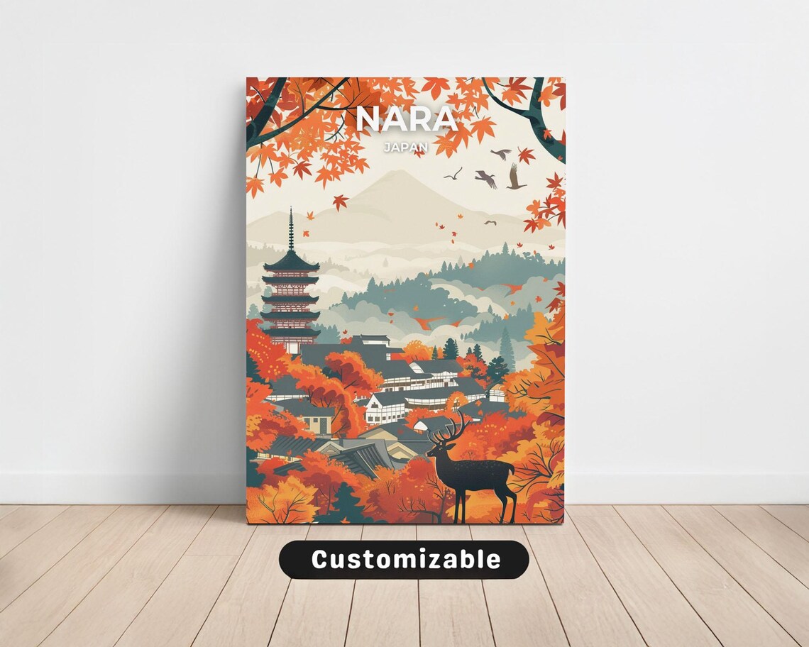 Nara Japan Autumn Pagoda Deer Maple Leaves Scenic Travel Poster