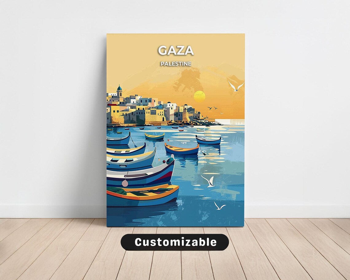 Gaza Palestine Sunset Harbor Fishing Boats Golden Sky Poster